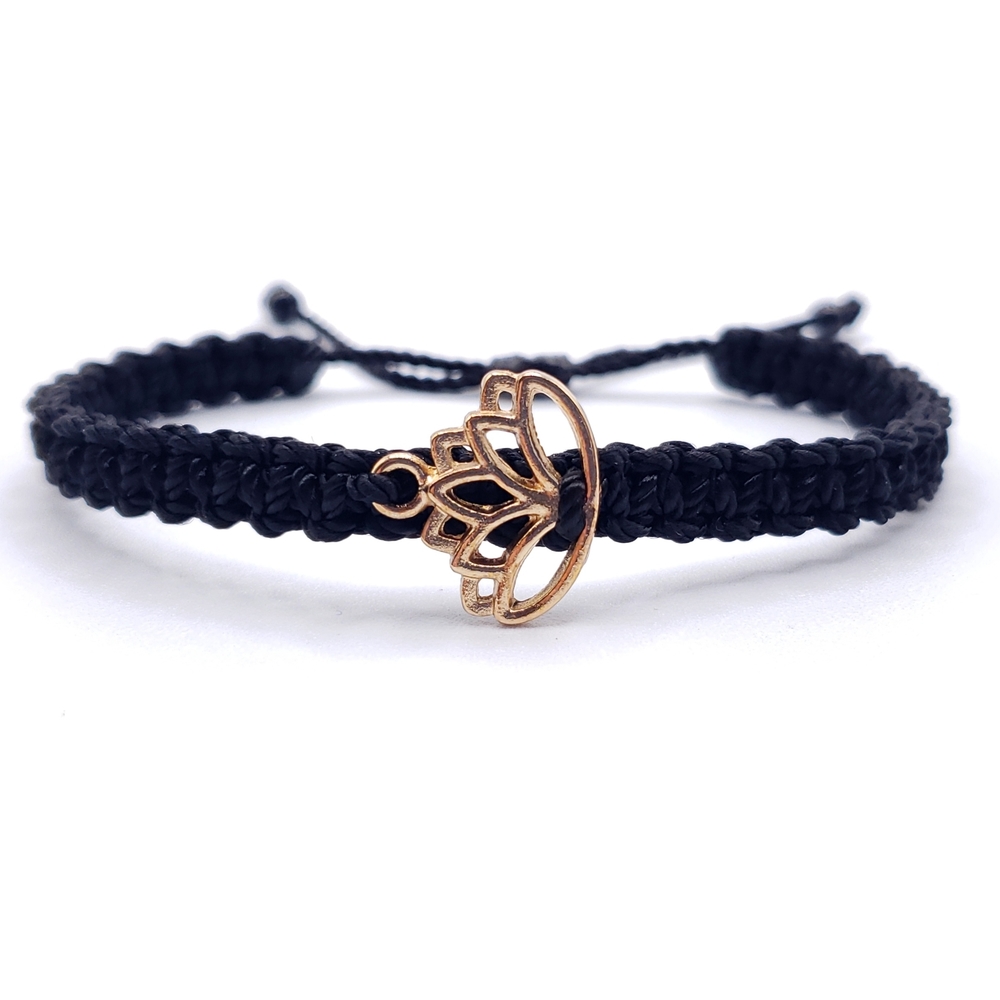 Lotus flower bracelet, black string braided bracelet, gold color lotus flower